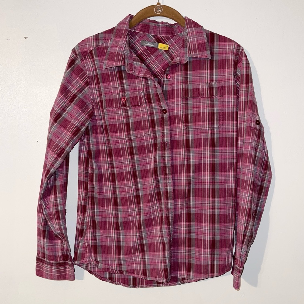CABELA’S Women Button Down Shirt Multi Color Plaid Stretch Roll tab Sleeve Small